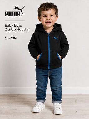 PUMA Baby Boys Black & Blue Zip-Up Hoodie - Size 12M